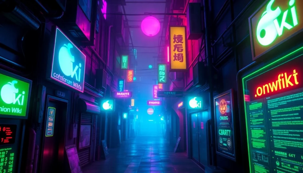 Exploring the hidden wiki dark web in a mysterious cyberpunk cityscape with neon lights.