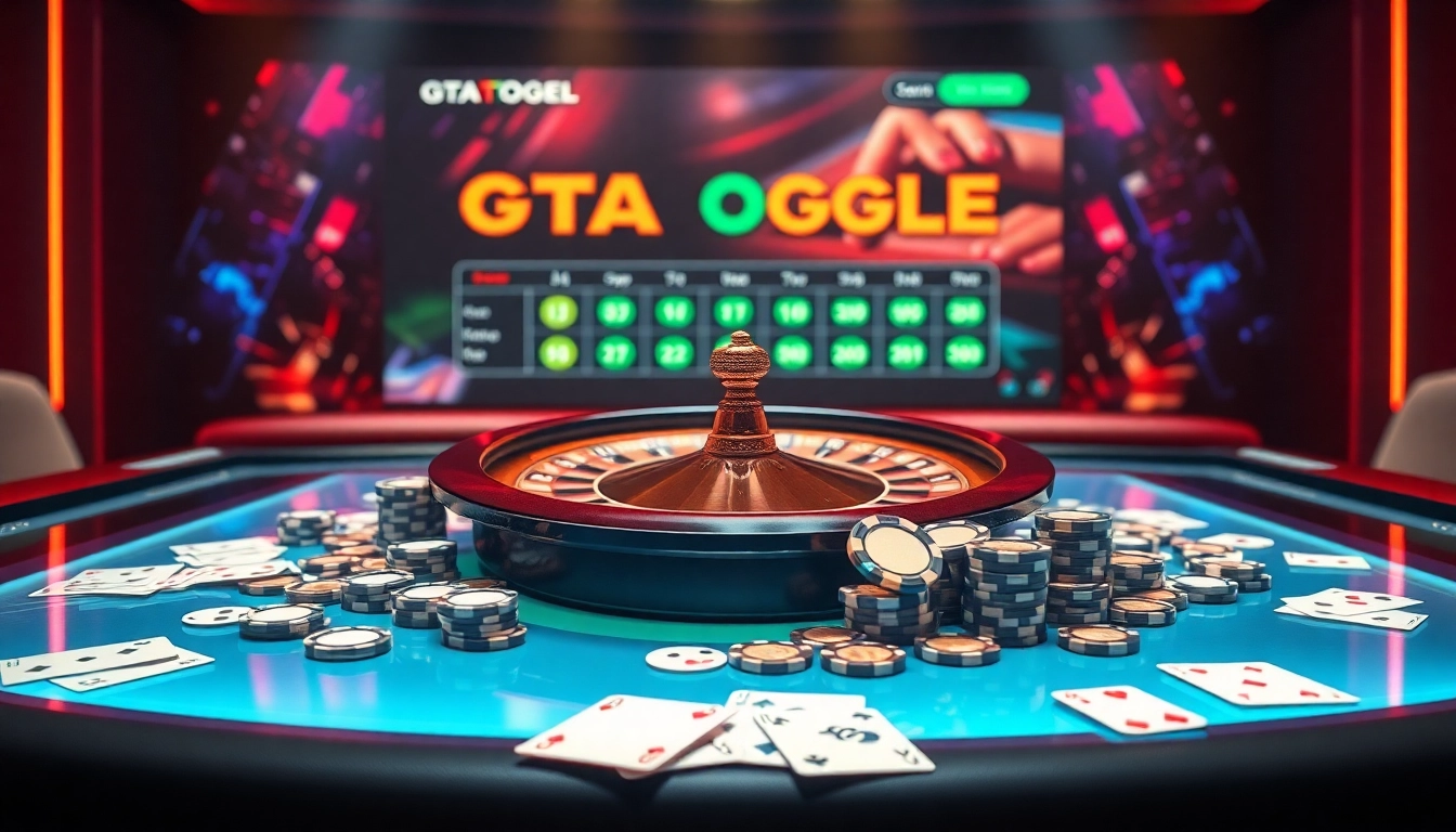Experience the thrill of gtatogel at a modern online casino setting with vibrant roulette and poker elements.