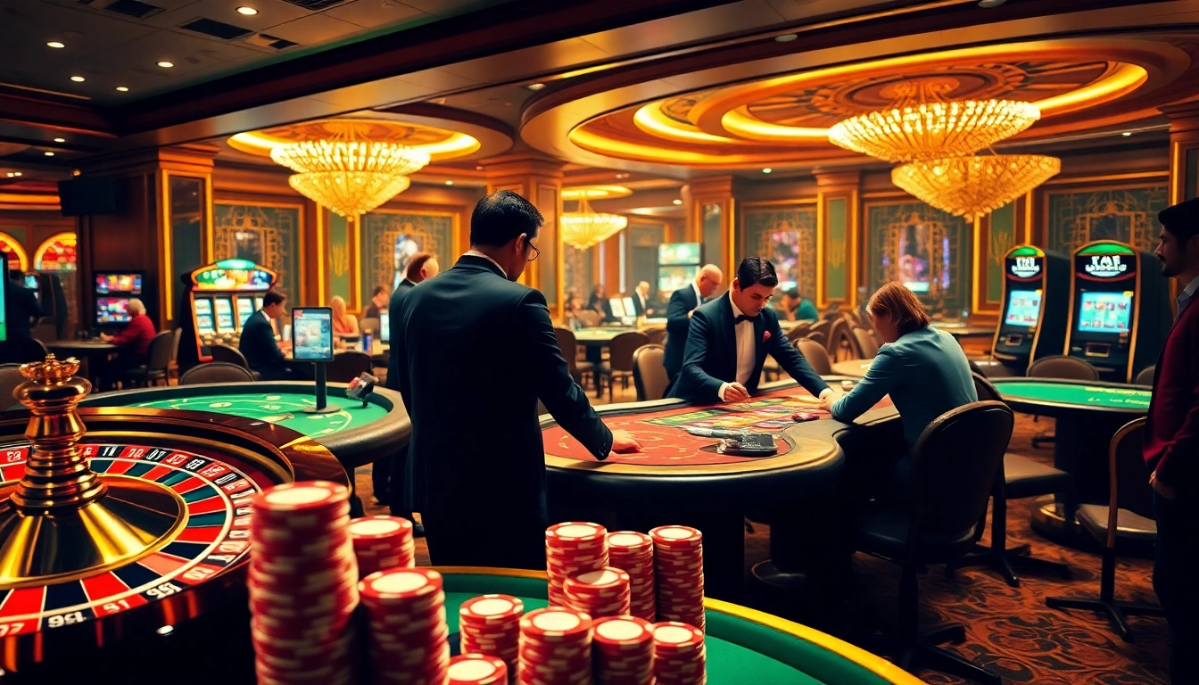 Scène engageante d'un casino en ligne France fiable avec des joueurs appréciant des jeux de poker à enjeux élevés et de la roulette.