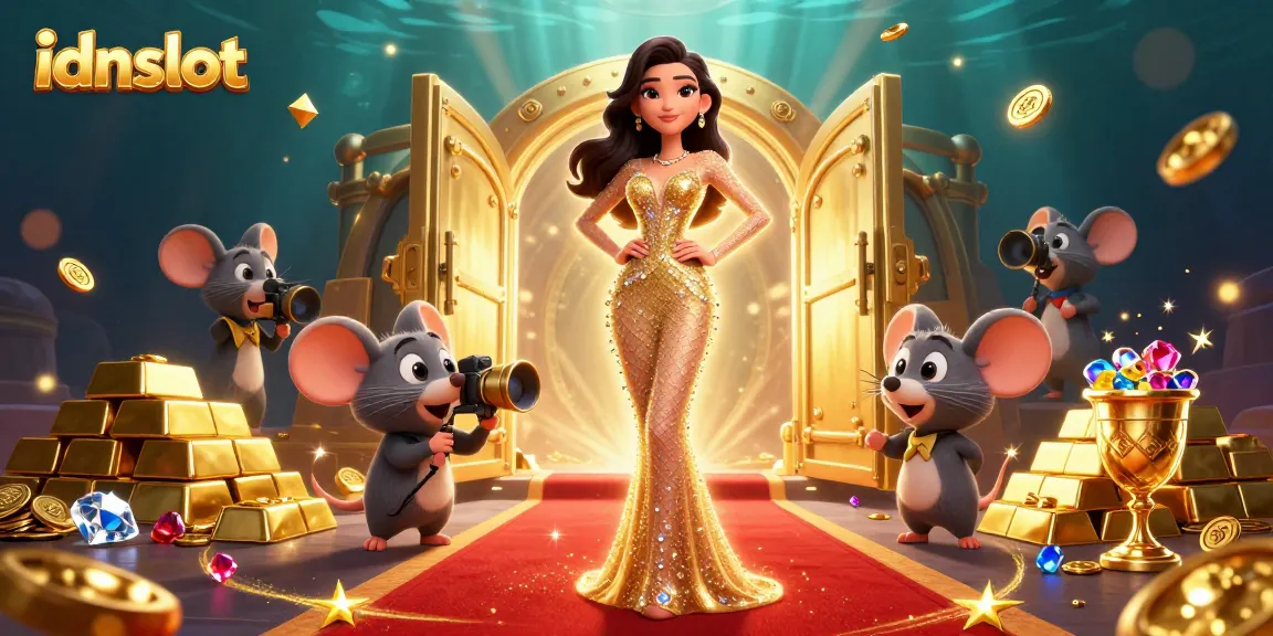 Engage with idnslot's thrilling gaming experience featuring a glamorous character amidst sparkling treasures.