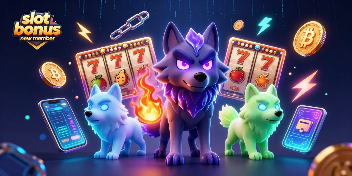 Engage with the excitement of slot bonus new member offers featuring vibrant slot reels and glowing crypto elements.