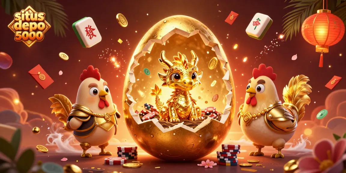 Menggandeng situs depo 5000, ilustrasi kasino menggambarkan naga emas di sarang chip poker yang menarik perhatian.
