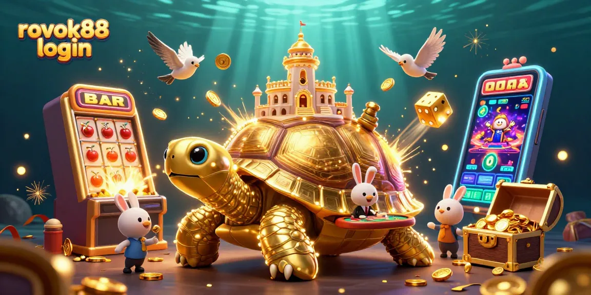 Spin to win at rokok88 login as a golden tortoise hosts a vibrant casino scene filled with treasures.