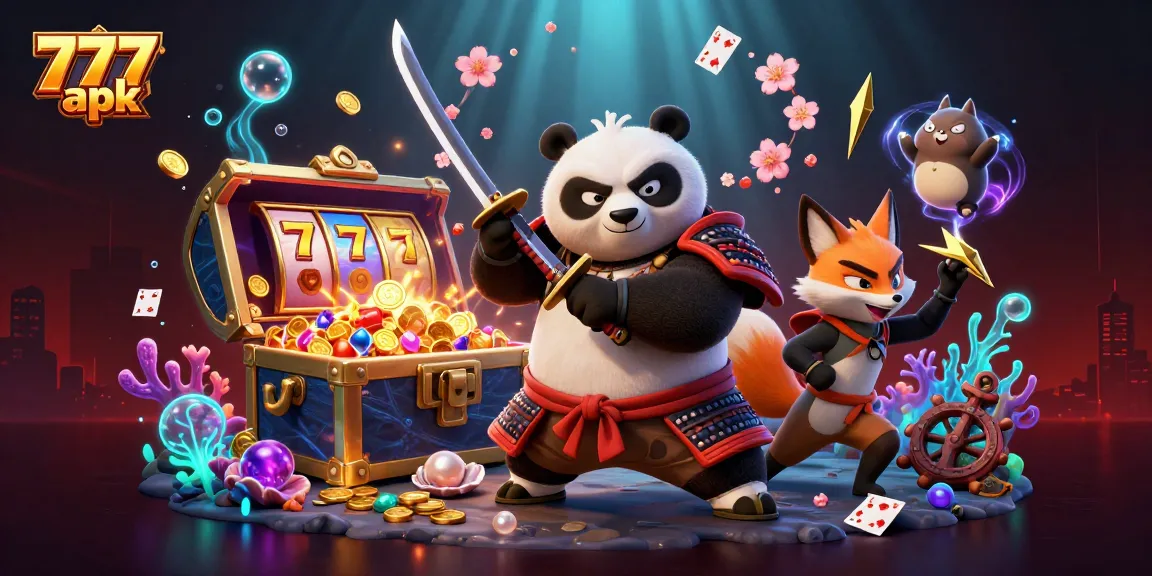 Engage in thrilling 777 apk slot gameplay featuring samurai panda and ninja fox amidst vibrant casino elements.