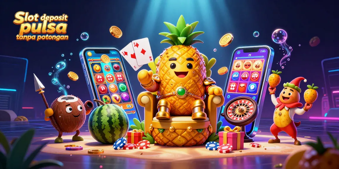 Menangkan slot deposit pulsa tanpa potongan dengan king nanas emas dan jester mangga di kasino pantai 3D.