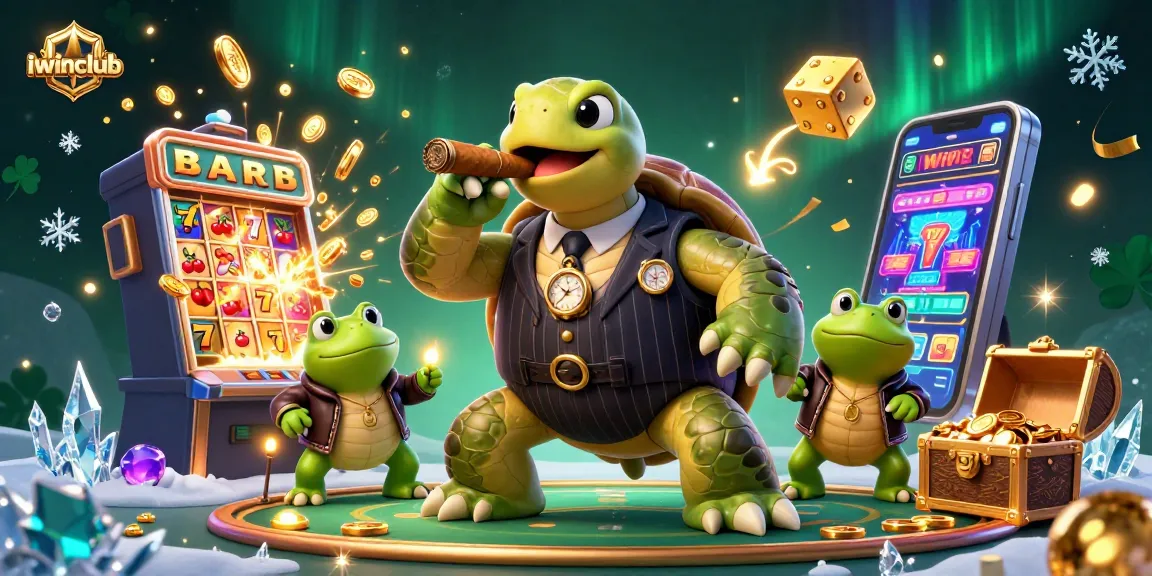 Experience the iwinclub thrills with vibrant casino elements and characters in a dynamic illustration.