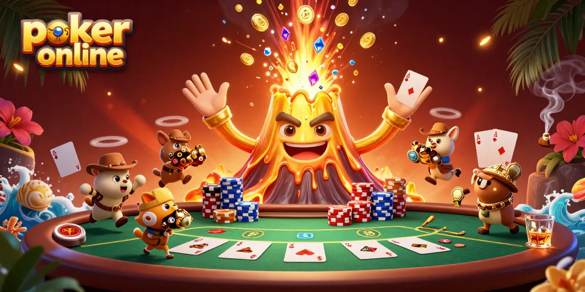 Experience thrilling poker online action with a golden volcano erupting coins and poker game elements.