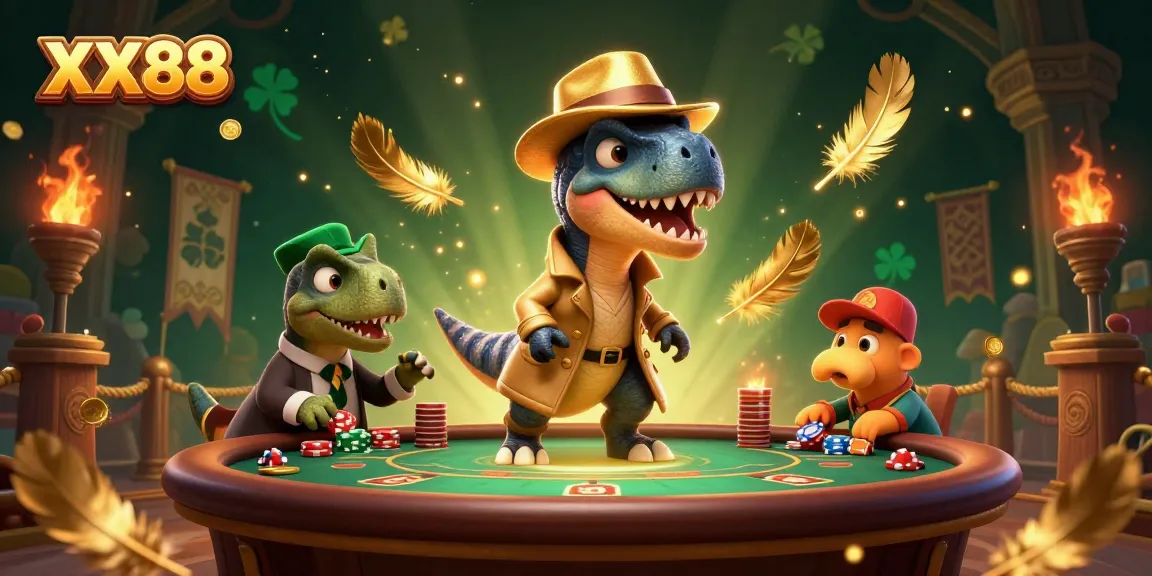 Experience excitement at XX88 with a velociraptor card counter trying to sneak chips in a casino scene.