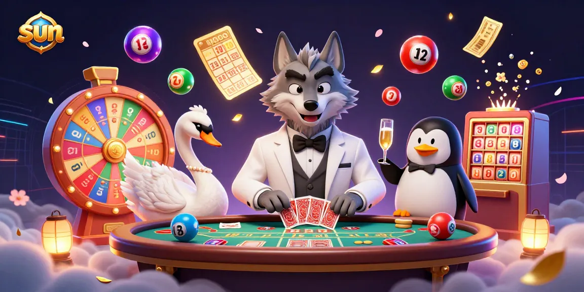 Sun-themed casino scene with a debonair wolf, swan dealer, and penguin sommelier amidst lively lottery elements.