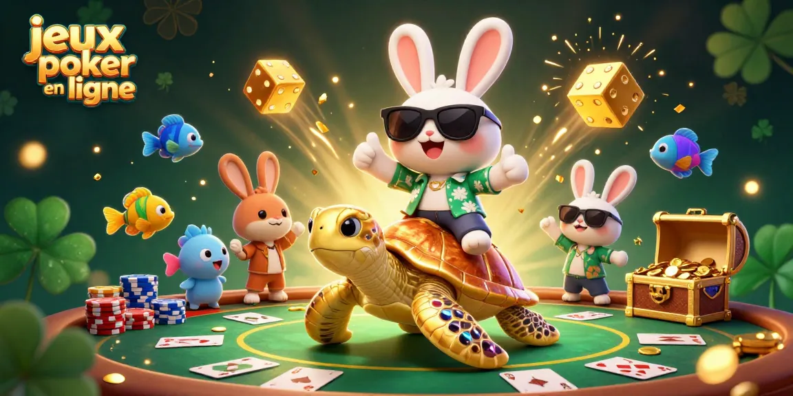 Jouez à des jeux poker en ligne avec ce lapin chanceux et sa tortue dorée dans une scène colorée.