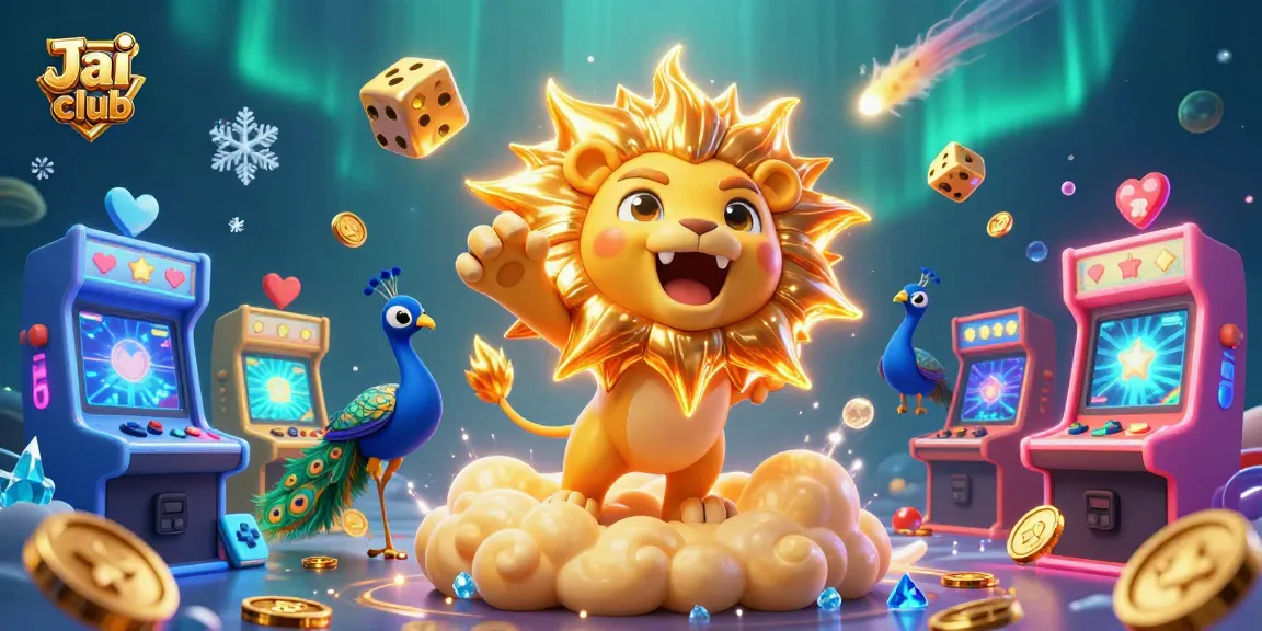Engage with Jai club's gaming universe featuring a roaring sun lion, golden dice, and vibrant game elements.