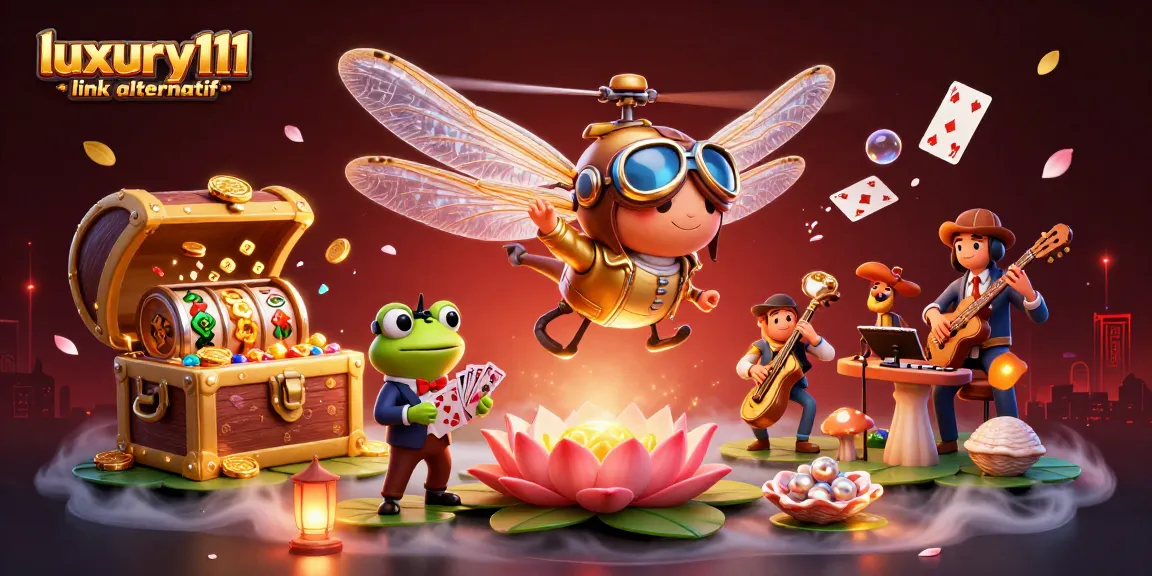 Engage with luxury111 link alternatif through a vibrant casino scene with dynamic dragonfly pilot and frog croupier.