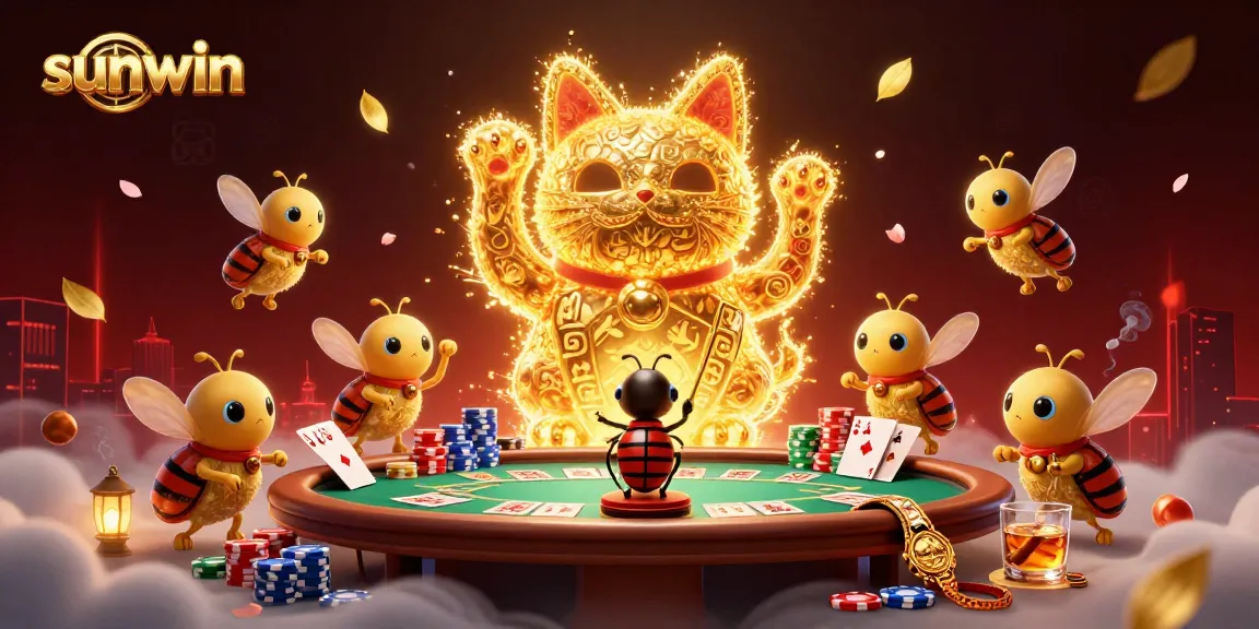Engage with the sunwin lucky cat charm as it waves amidst vibrant poker elements.