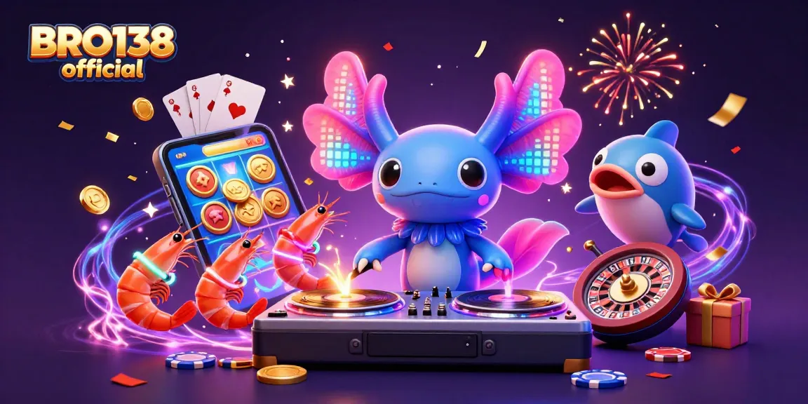 BRO138 official showcases lively 3D casino characters enjoying a vibrant slot game adventure with golden rewards.