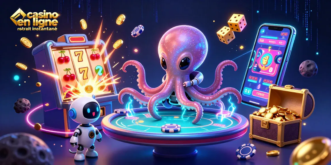 Casino en ligne retrait instantané avec un octopus extraterrestre jouant au poker, entouré de jets de pièces et de lumières.