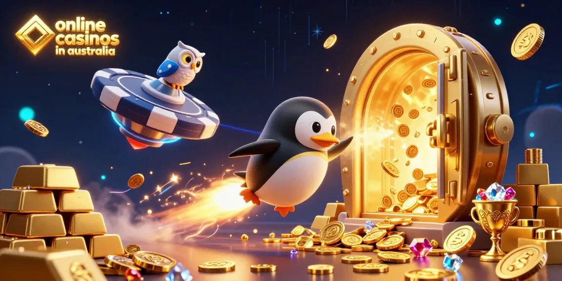 Experience exciting action at online casinos in australia with a golden penguin exploring space towards a poker chip space station.