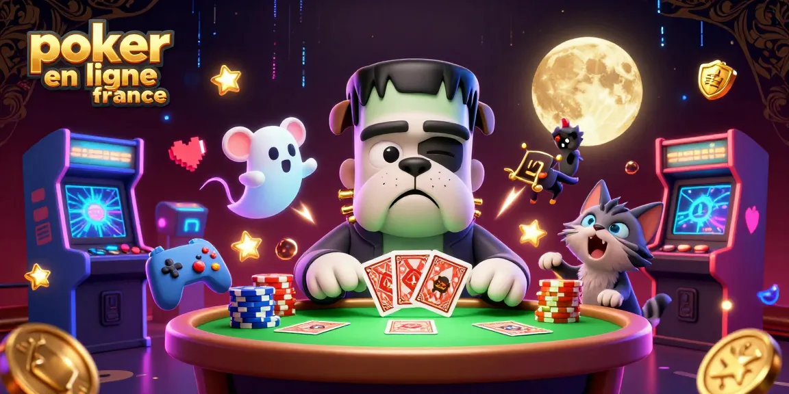 Le poker en ligne France : un bulldog Frankenstein distribuant des cartes autour d'une table de poker dynamique.