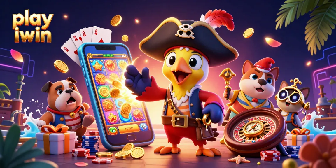 Play iwin with vibrant slot games and charming characters in an exciting casino illustration.