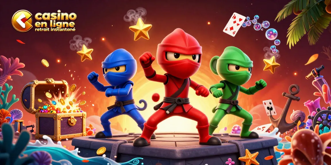 Illustration dynamique de casino en ligne retrait instantané avec des ninjas colorés et des éléments de jeu
