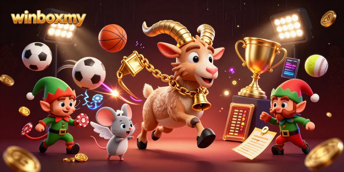 WinboxMY engages players with festive gaming, featuring a Krampus goat and playful characters in a lively casino.