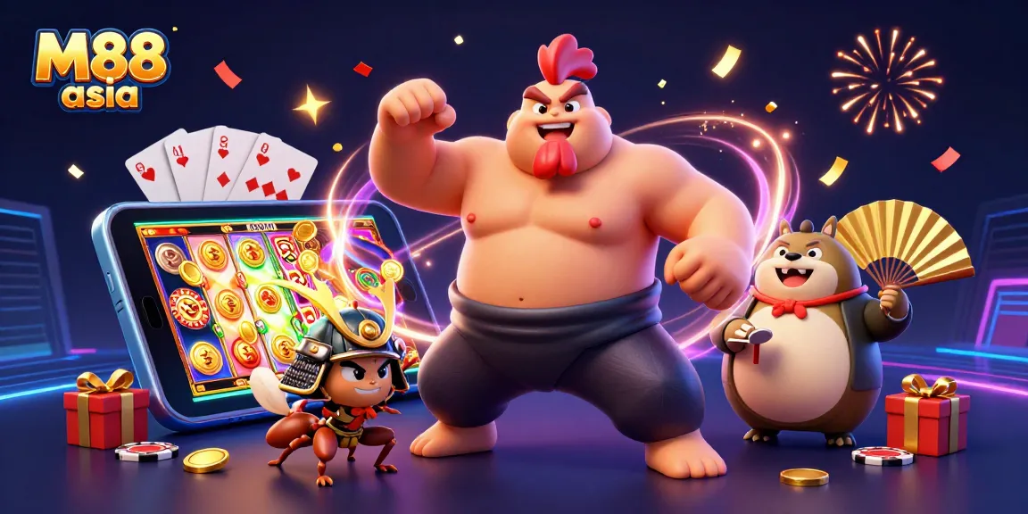 M88 asia showcases thrilling gaming action with colorful illustrations of a rooster sumo wrestler, a samurai cricket, and a tanuki announcer.