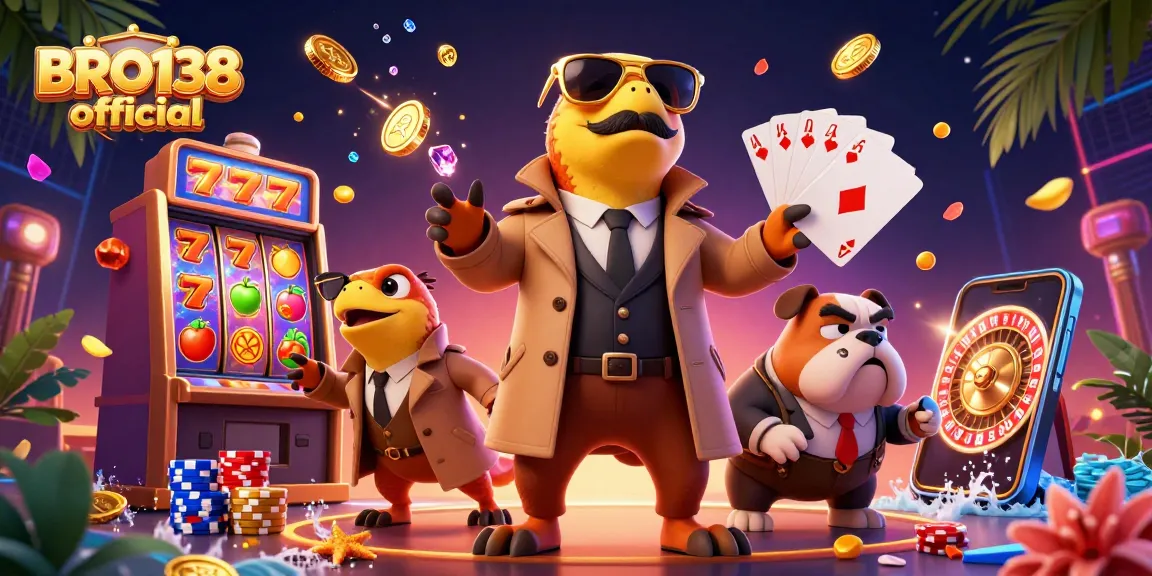 Watch the whimsical BRO138 official scene with raptors entering a casino, surrounded by vibrant slot machines and gold coins.