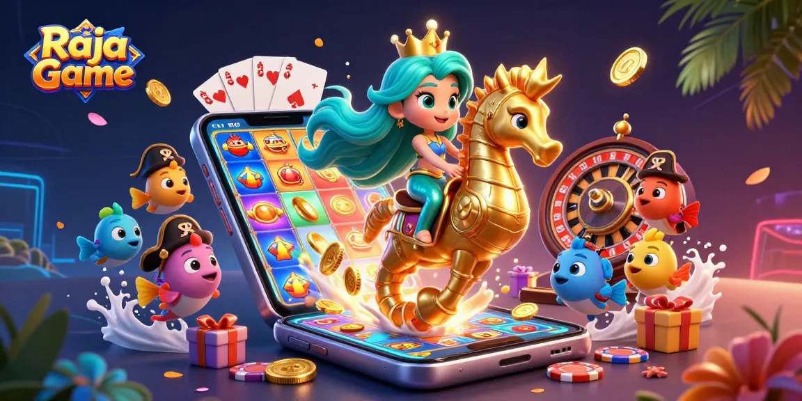 Play thrilling games on Raja Game, featuring vibrant characters and a dynamic casino backdrop.