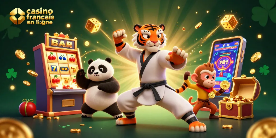 Un moment captivant sur un casino français en ligne, avec un tigre kung fu, un panda et un singe entourés de machines à sous.