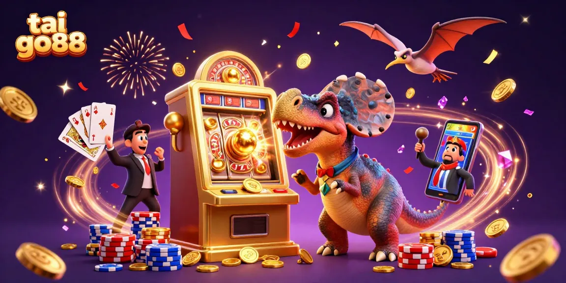 Experience a thrilling tai go88 moment with a cartoon dinosaur winning jackpots in an exciting casino scene.