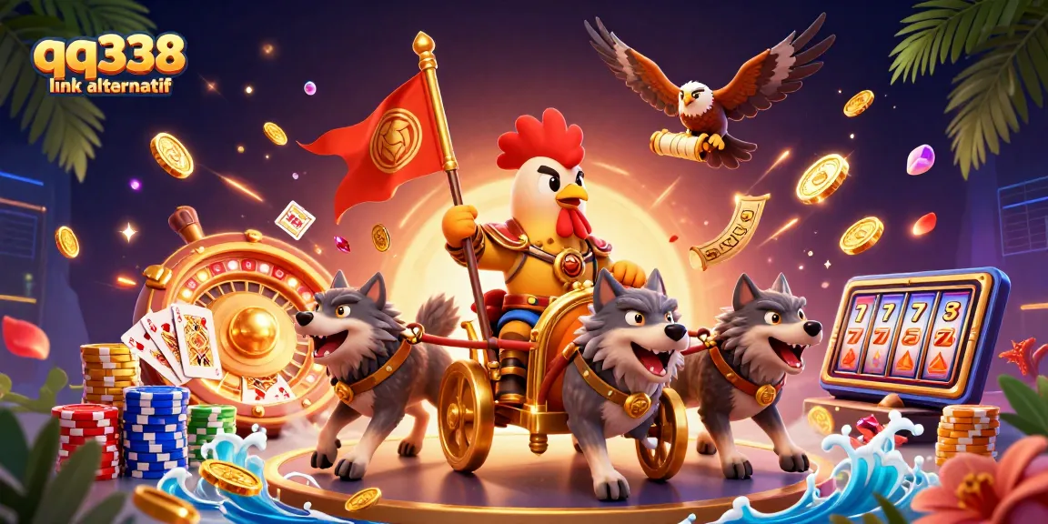 Experience the excitement with qq338 link alternatif showcasing a dynamic casino scene with vibrant characters and elements.