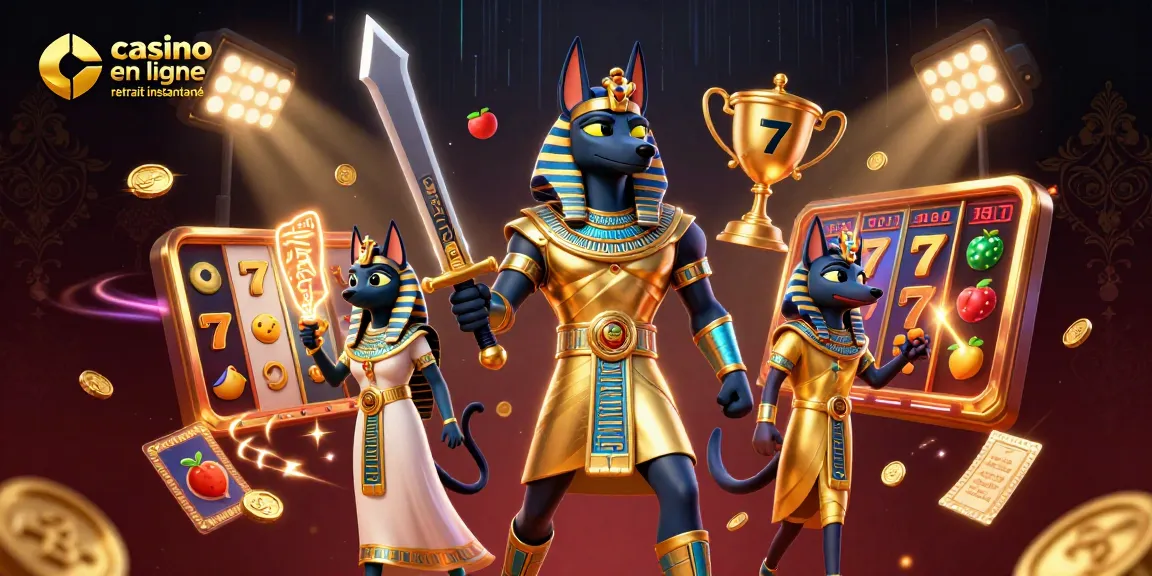 Gagnez avec le casino en ligne retrait instantané, illustré par des personnages dynamiques et des éléments de jeu.
