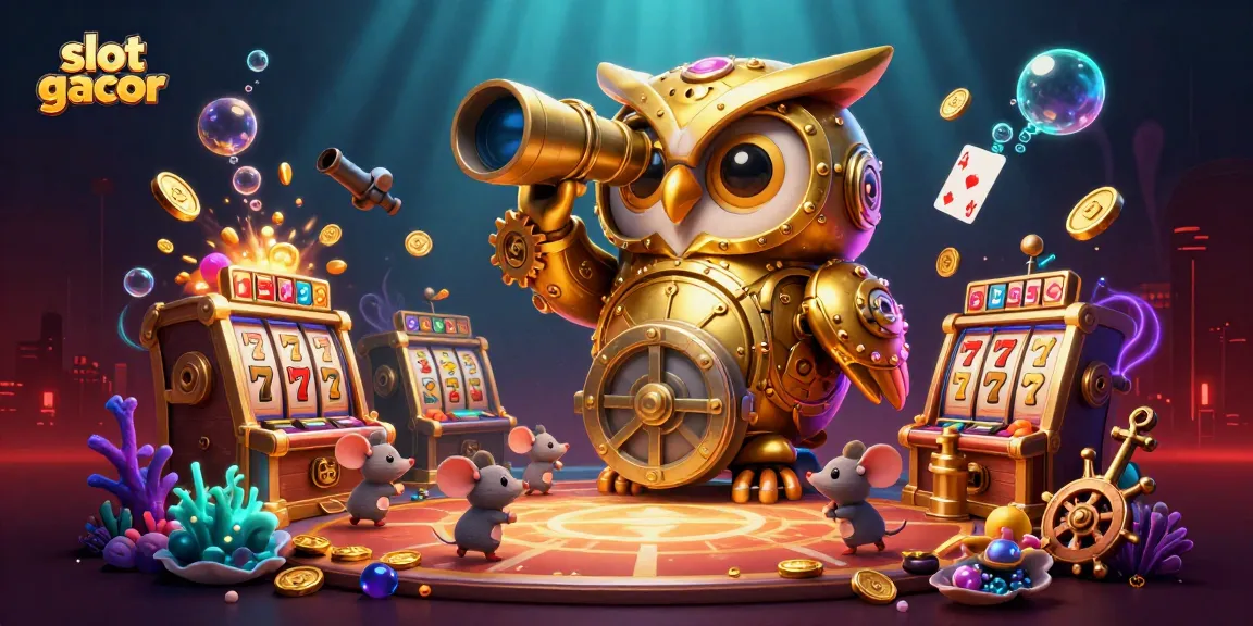 Experience thrilling slot gacor action with a charming owl and playful mouse patrons amidst vibrant casino elements.