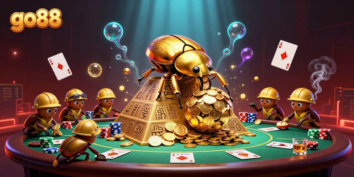 Engage with go 88 as golden beetles navigate a vibrant casino scene, showcasing dynamic poker elements.