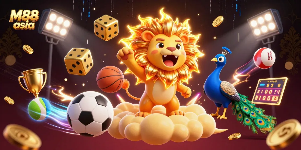 Experience thrilling gameplay with M88 asia's vibrant casino scene featuring a roaring sun lion, golden dice, and dynamic sports elements.