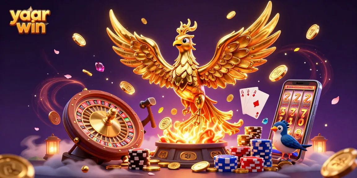 Engage with the stunning yaar win scene featuring a molten gold phoenix amidst dynamic casino elements.