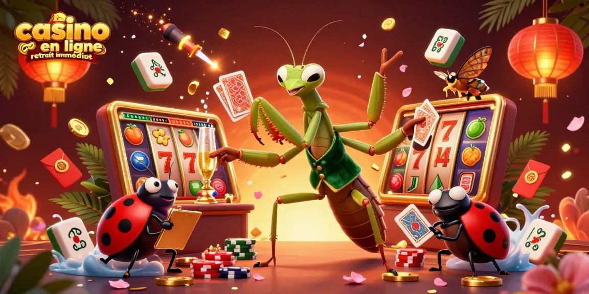 Profitez du casino en ligne retrait immédiat avec cette illustration animée captivante réunissant un caméléon de jeu, un pit boss et une décoration festive.
