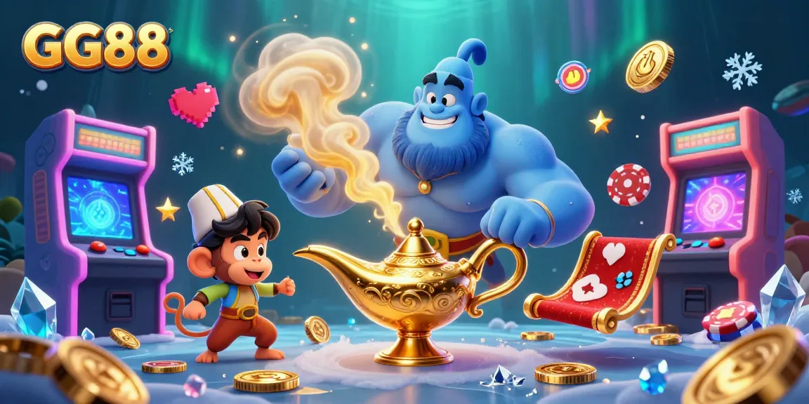 Experience the thrill of GG88 with an illustrated scene combining a genie, monkey, and vibrant casino elements.