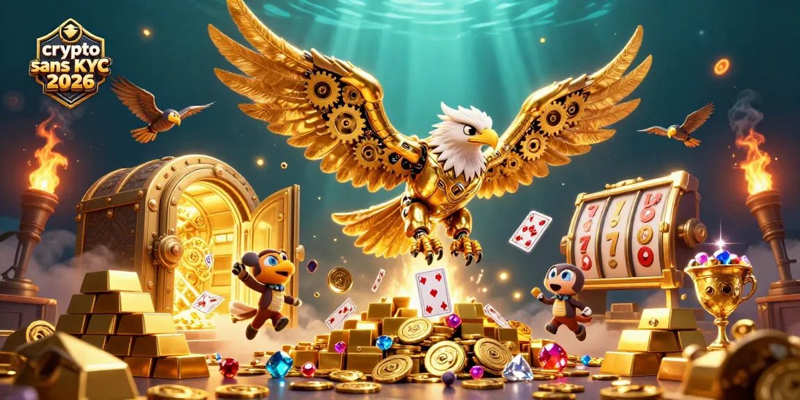 Plongée du casino crypto sans KYC 2026 avec un aigle cybernétique et des cartes holographiques.