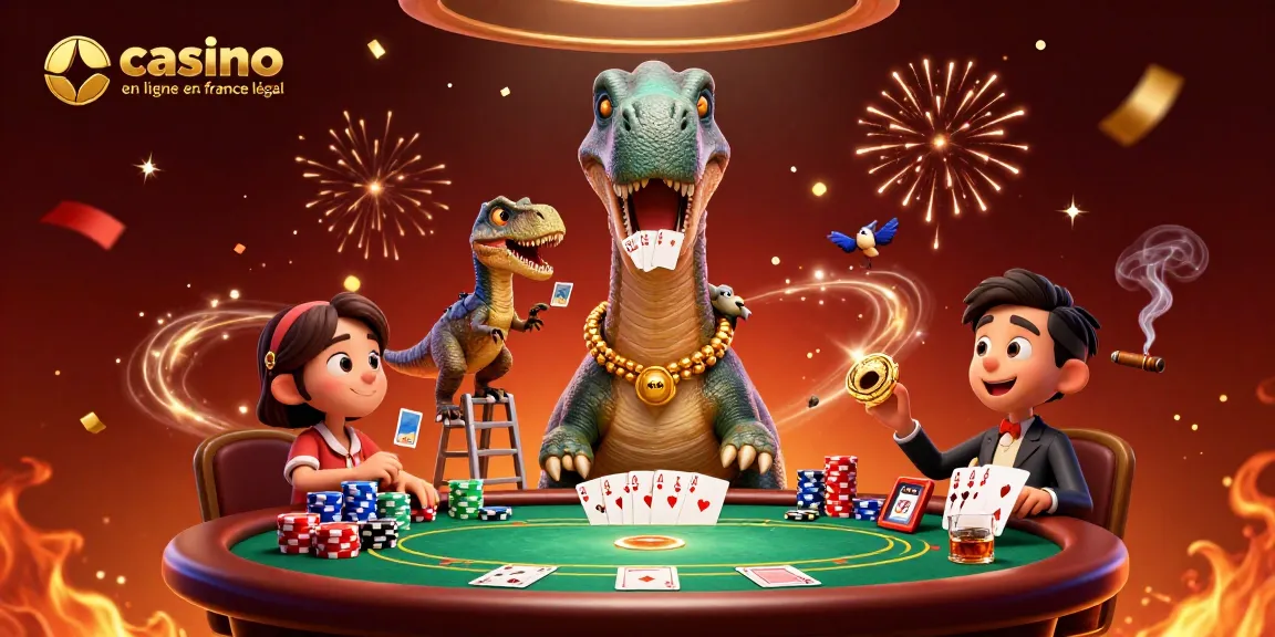 Casino en ligne en France légal avec un brontosaure et un raptor jouant au poker entourés d'éléments festifs.