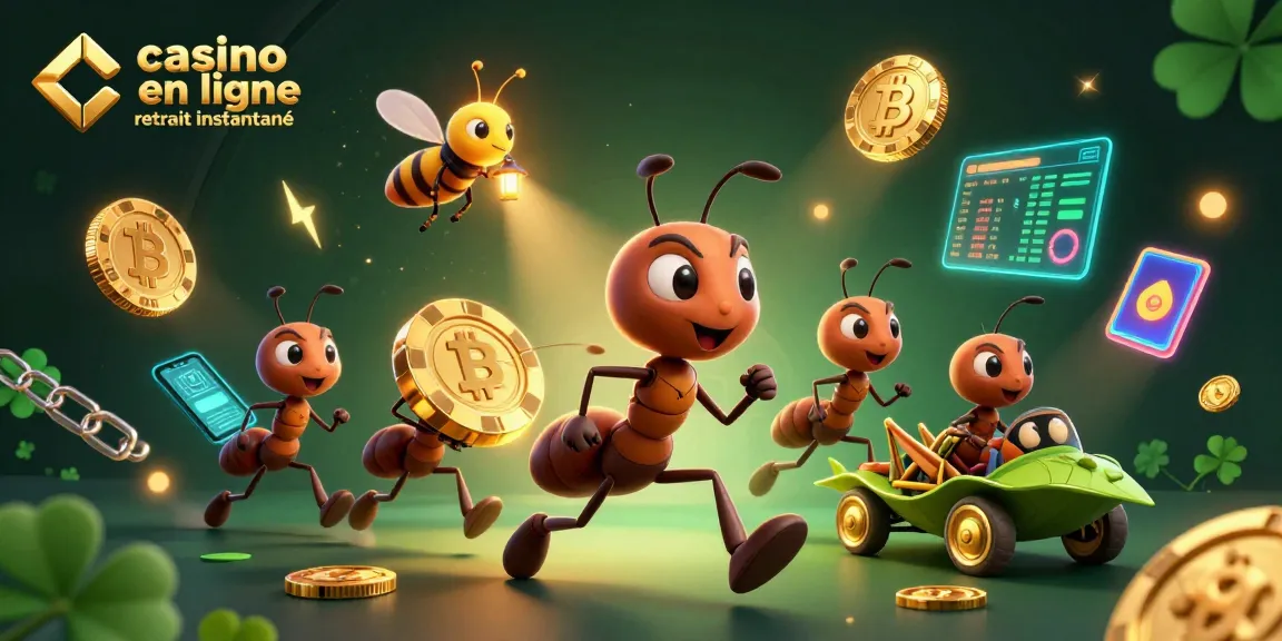 Une illustration 3D d'une équipe de fourmis transportant une puce de poker dans un tunnel, représentant un casino en ligne retrait instantané.