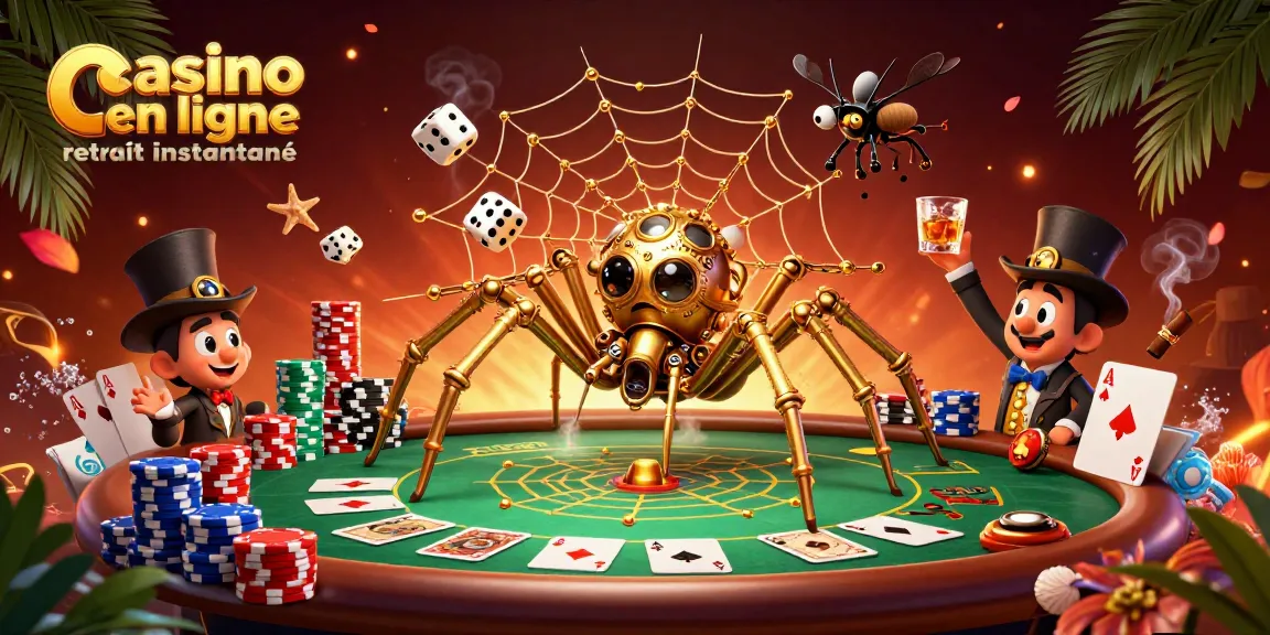 Jouer à un casino en ligne retrait instantané avec une araignée steampunk attrapant des dés chanceux dans une toile argentée.