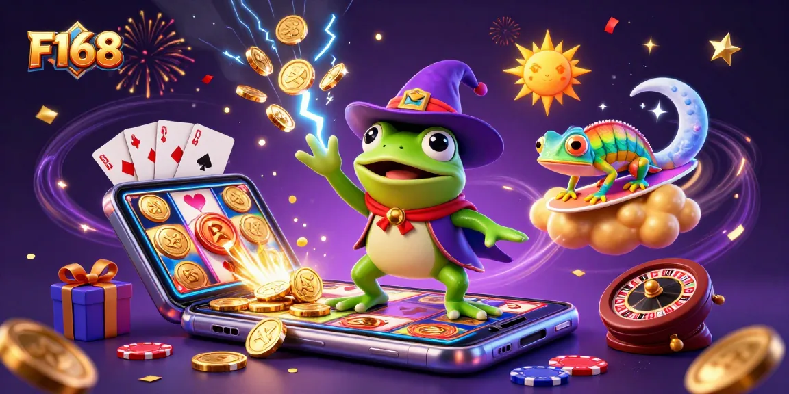 F168 celebrates with a wizard frog and chameleon in a dynamic casino scene filled with coins and games.