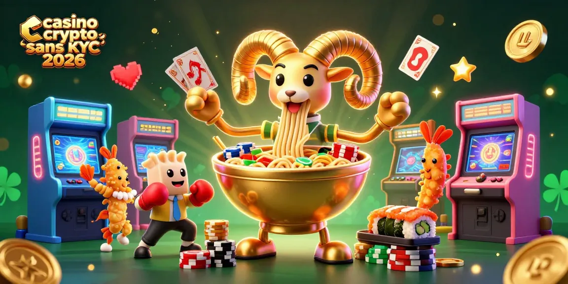 Illustration dynamique de casino crypto sans KYC 2026, avec ramen doré et personnages colorés.