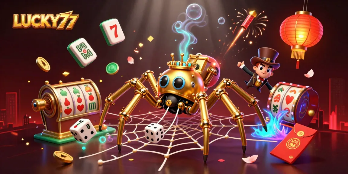 Engage with LUCKY77's vibrant casino scene featuring golden spider, lucky slots, and amusement.
