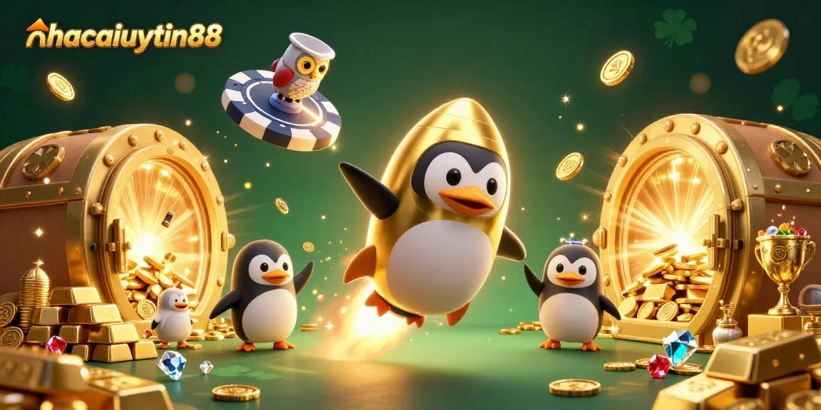 Experience thrilling wins at nhacaiuytin88 with a dazzling golden penguin navigating a vibrant casino universe!