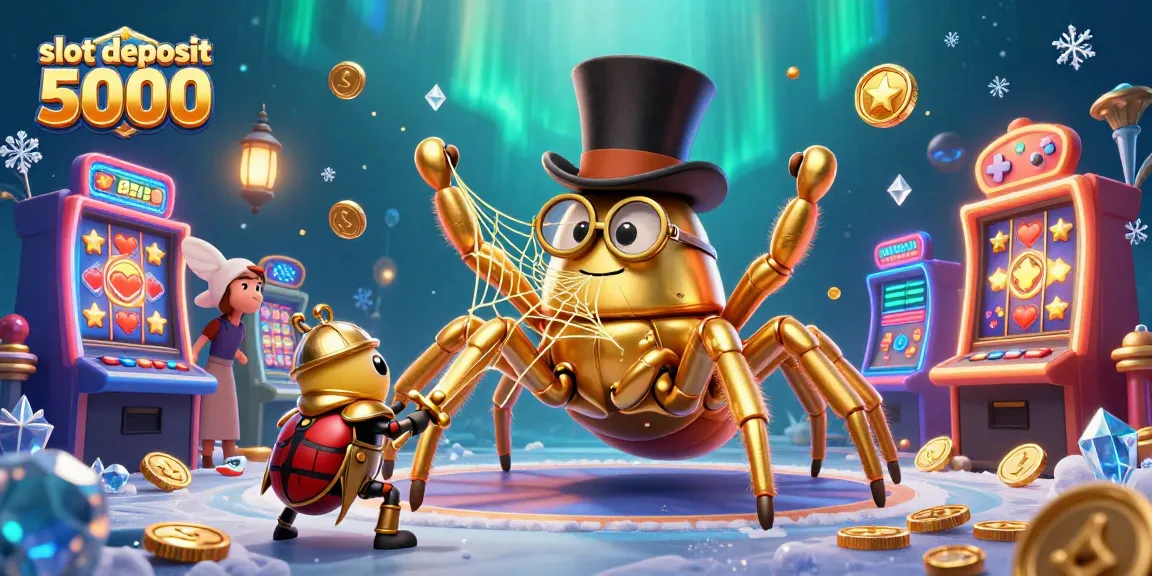 Capture winning moments with slot deposit 5000, featuring a giant golden tarantula amidst vibrant casino games and lively characters.