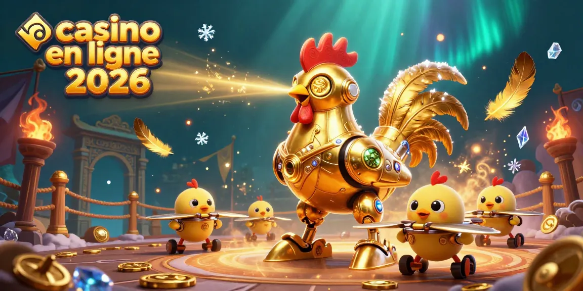 Jouez au casino en ligne 2026 avec un robot coq doré et des drones poussins dans une scène d'animation fascinante.