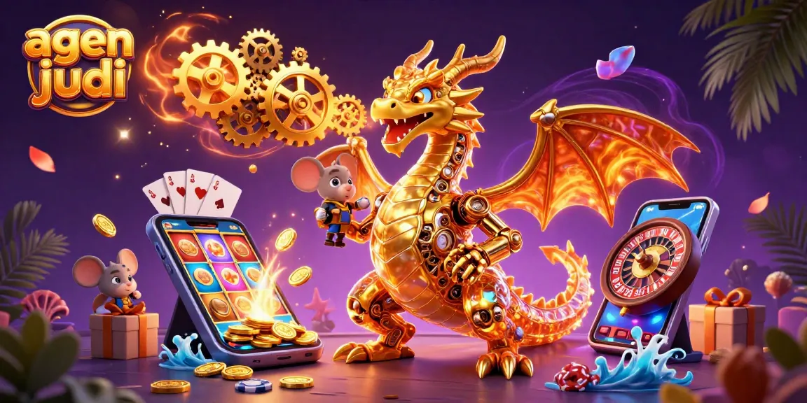 Engage with agen judi bola featuring a golden dragon and slot games in a vibrant scene.