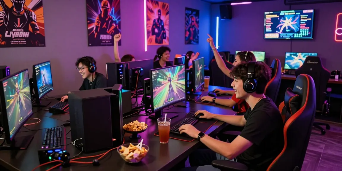 Friends enjoying gaming at ROKOK88 with colorful lighting and competitive spirit.