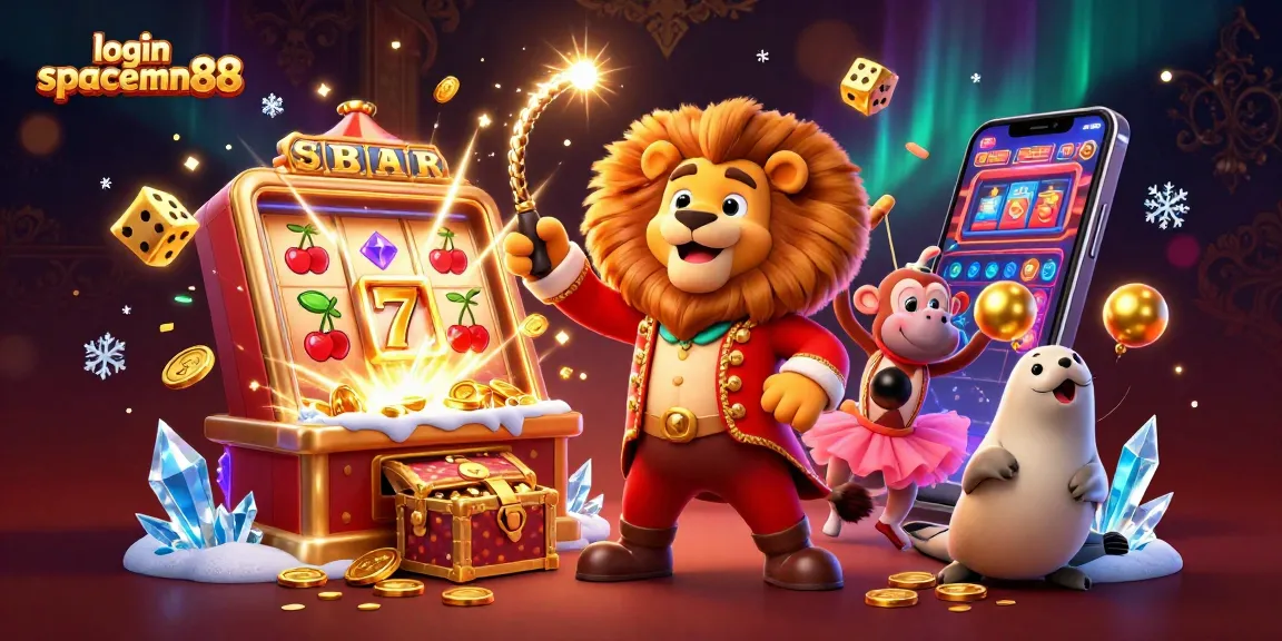 Experience excitement with login spaceman88 in a vibrant casino scene of cartoon characters and slot machines.